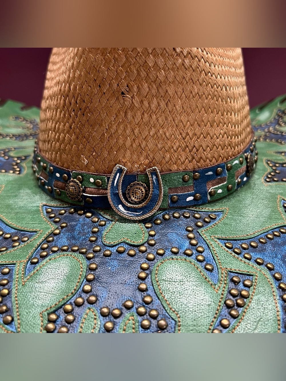 Bullhide Platinum Collection Gypsy Queen Western Straw Hat Blue/Green Studs Boho - Picture 3 of 7